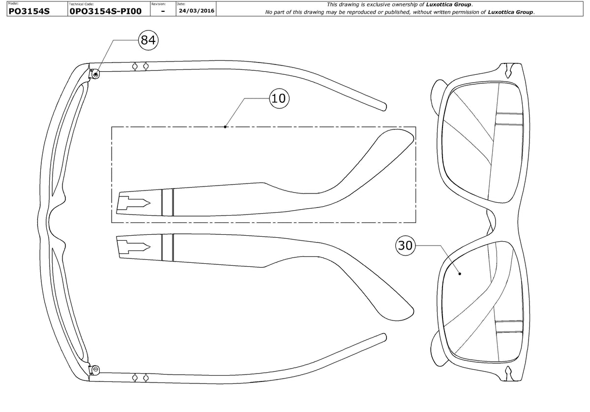 Enlarged technical drawing of the Persol PO3154S Replacement Parts