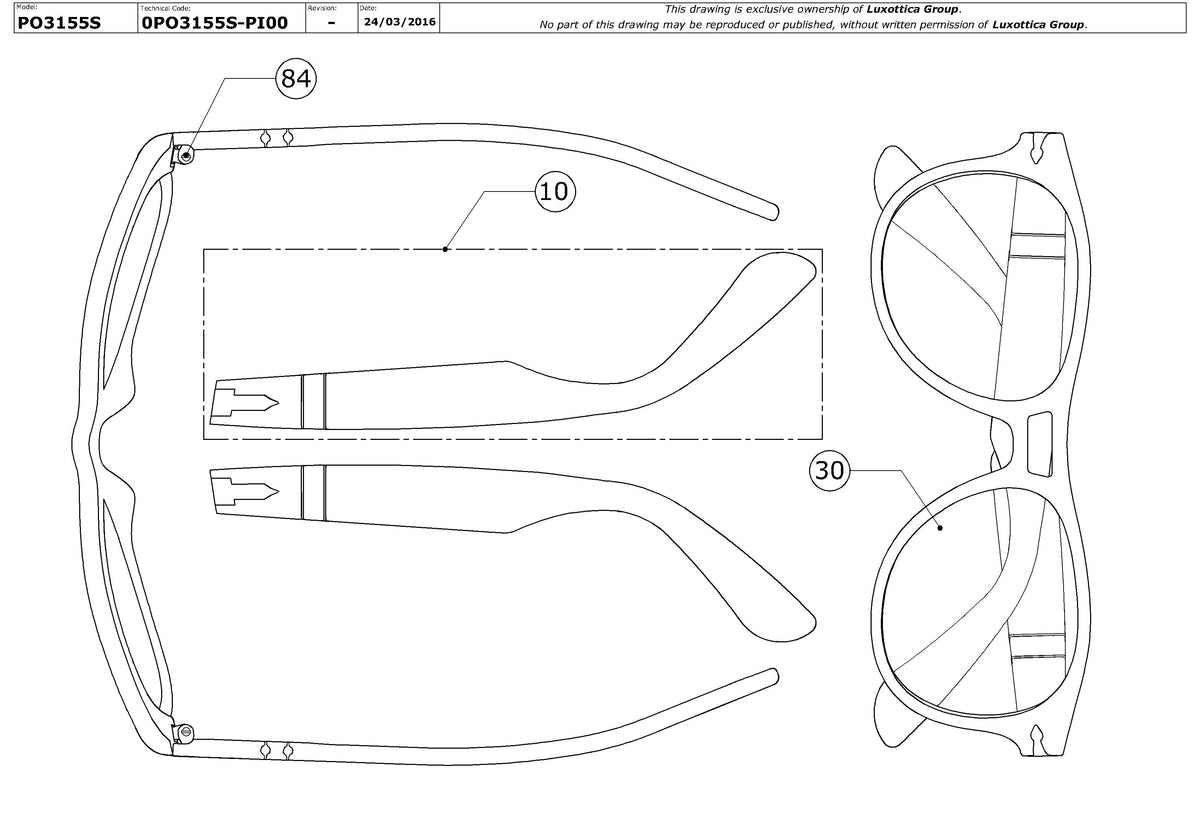 Enlarged technical drawing of the Persol PO3155S Replacement Parts