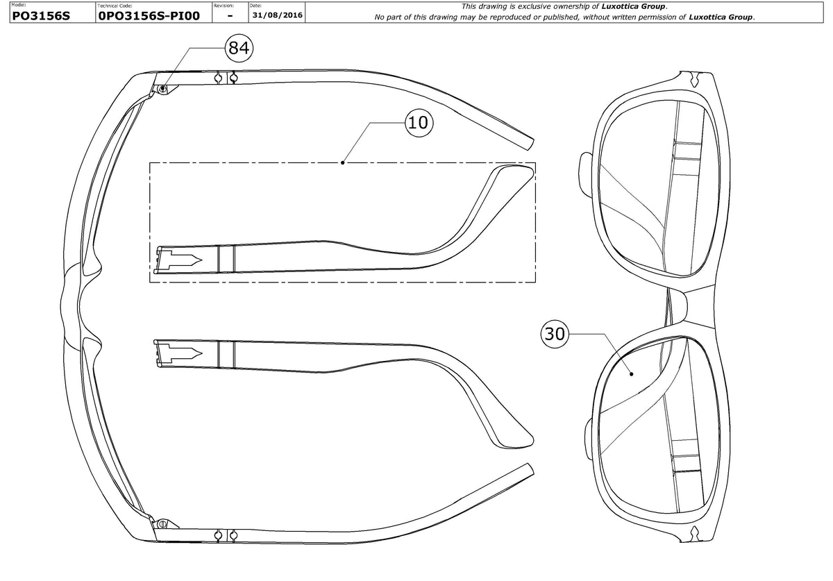 Enlarged technical drawing of the Persol PO3156S Replacement Parts