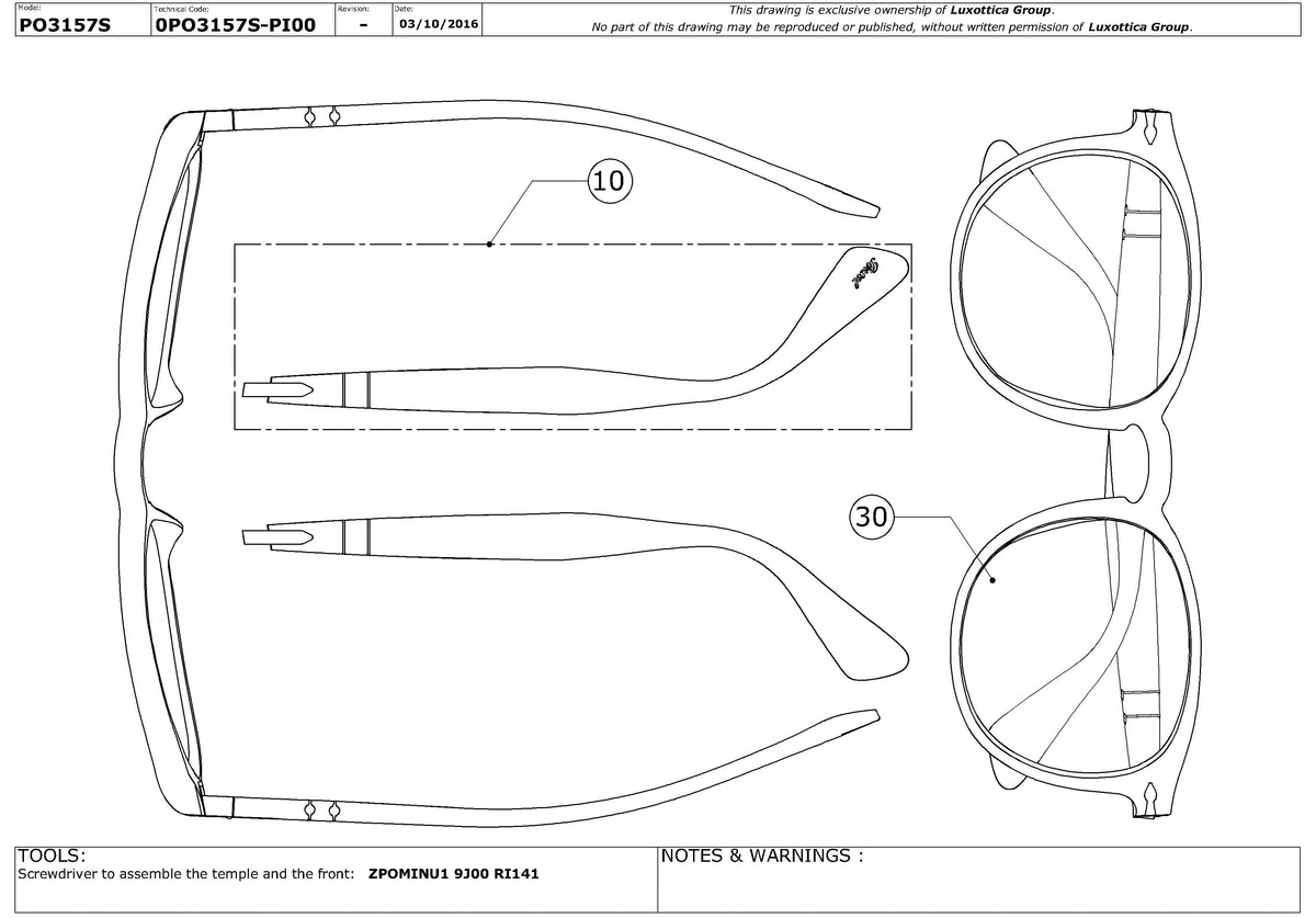 Enlarged technical drawing of the Persol PO3157S Replacement Parts