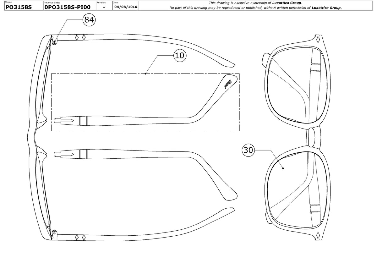 Enlarged technical drawing of the Persol PO3158S Replacement Parts