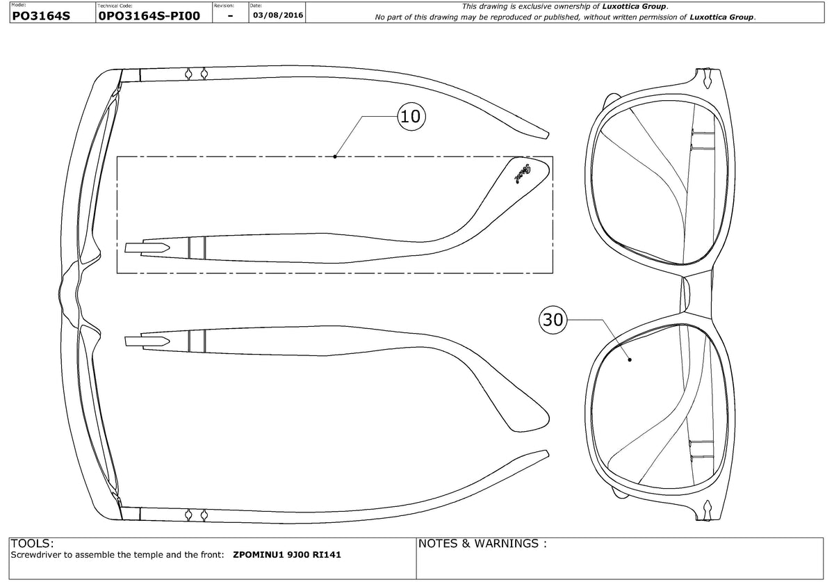 Enlarged technical drawing of the Persol PO3164S Replacement Parts