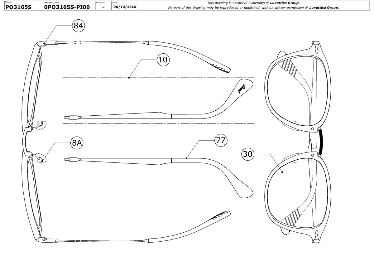Enlarged technical drawing of the Persol PO3165S Replacement Parts