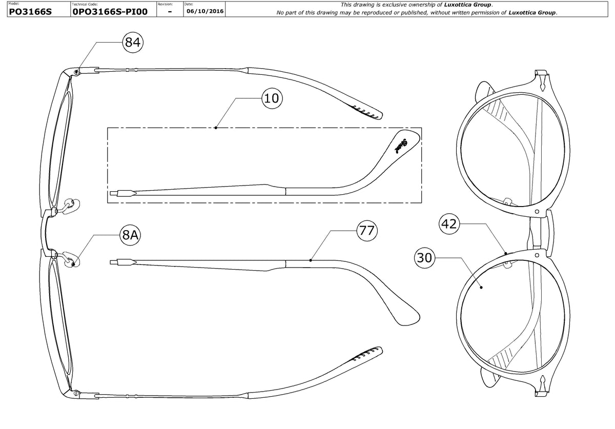 Enlarged technical drawing of the Persol PO3166S Replacement Parts