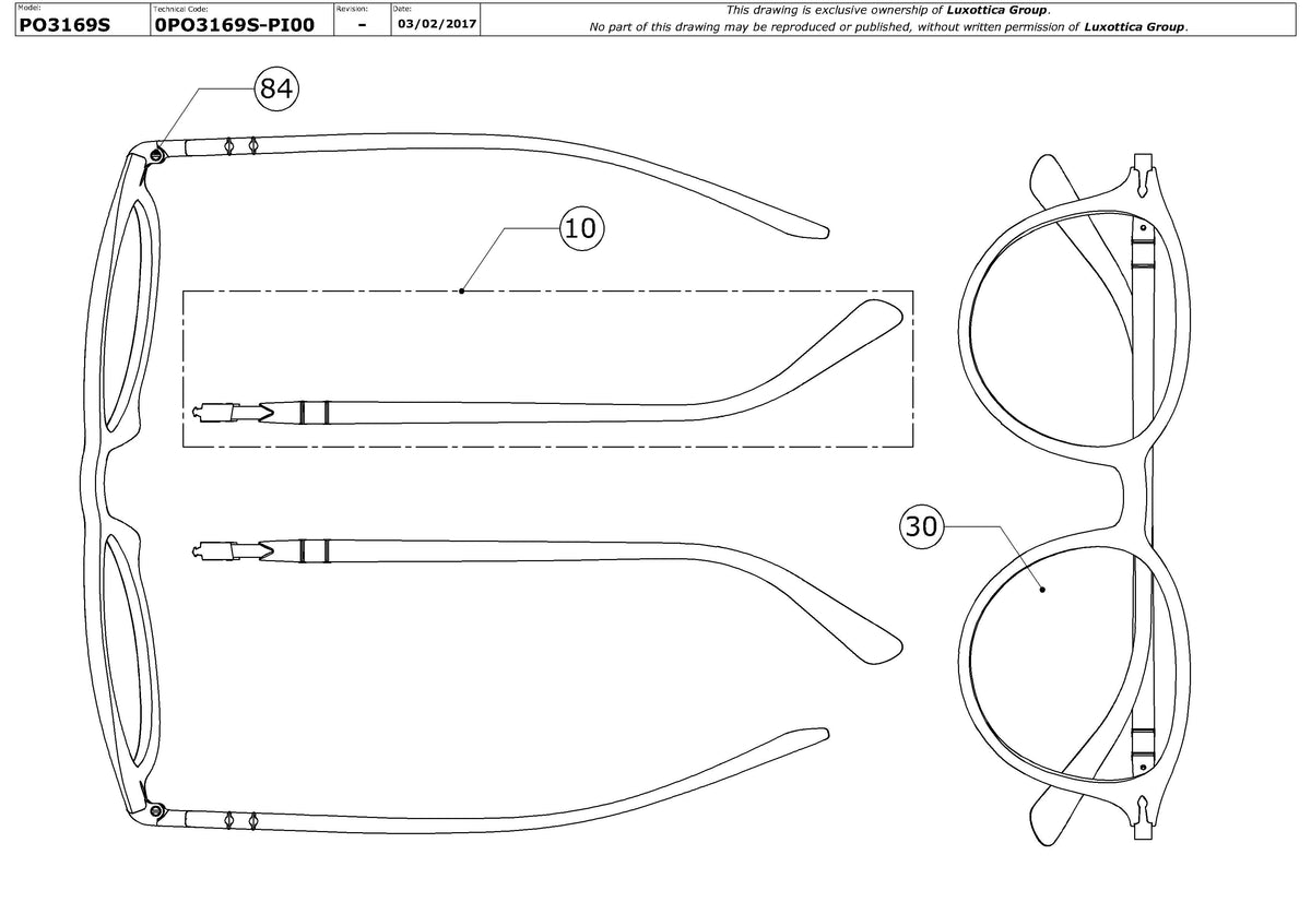 Enlarged technical drawing of the Persol PO3169S Replacement Parts