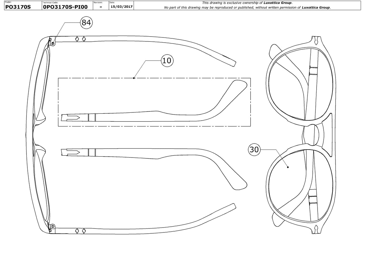Exploded technical drawing of the Persol PO3170S Replacement Parts, with each replacement part numbered