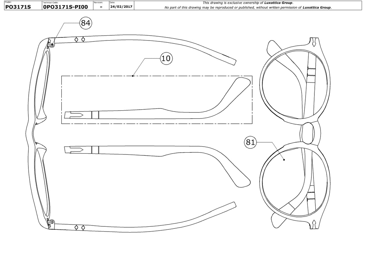 Exploded technical drawing of the Persol PO3171S Replacement Parts, with each replacement part numbered