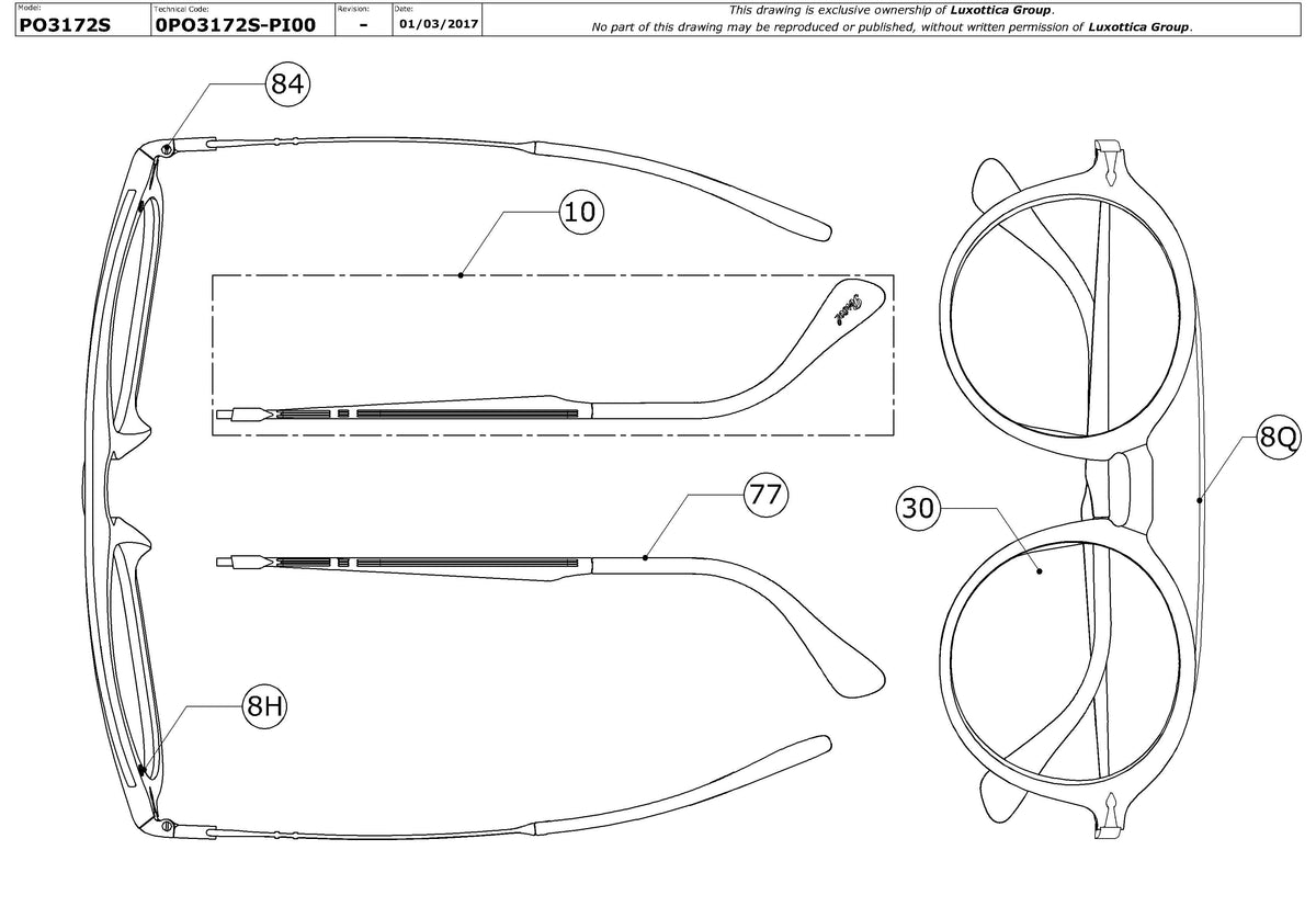 Enlarged technical drawing of the Persol PO3172S Replacement Parts