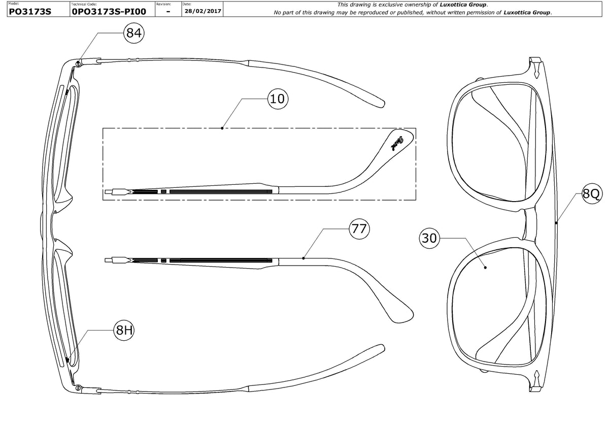Enlarged technical drawing of the Persol PO3173S Replacement Parts