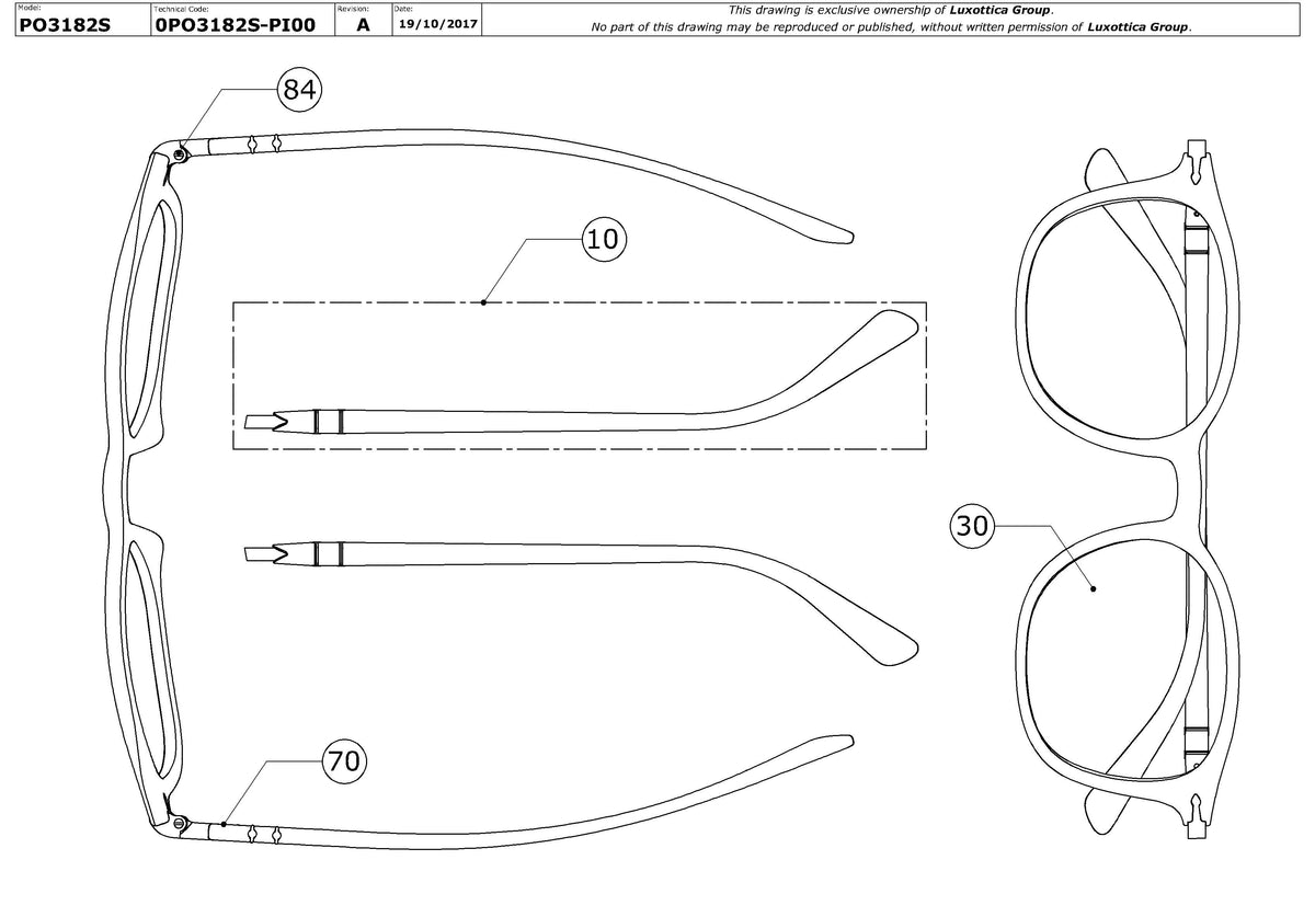 Enlarged technical drawing of the Persol PO3182S Replacement Parts