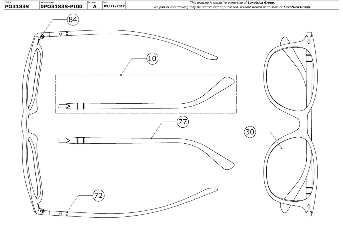 Enlarged technical drawing of the Persol PO3183S Replacement Parts