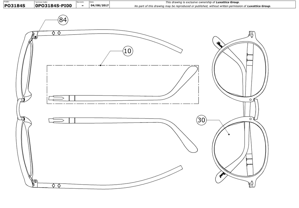 Exploded technical drawing of the Persol PO3184S Replacement Parts, with each replacement part numbered