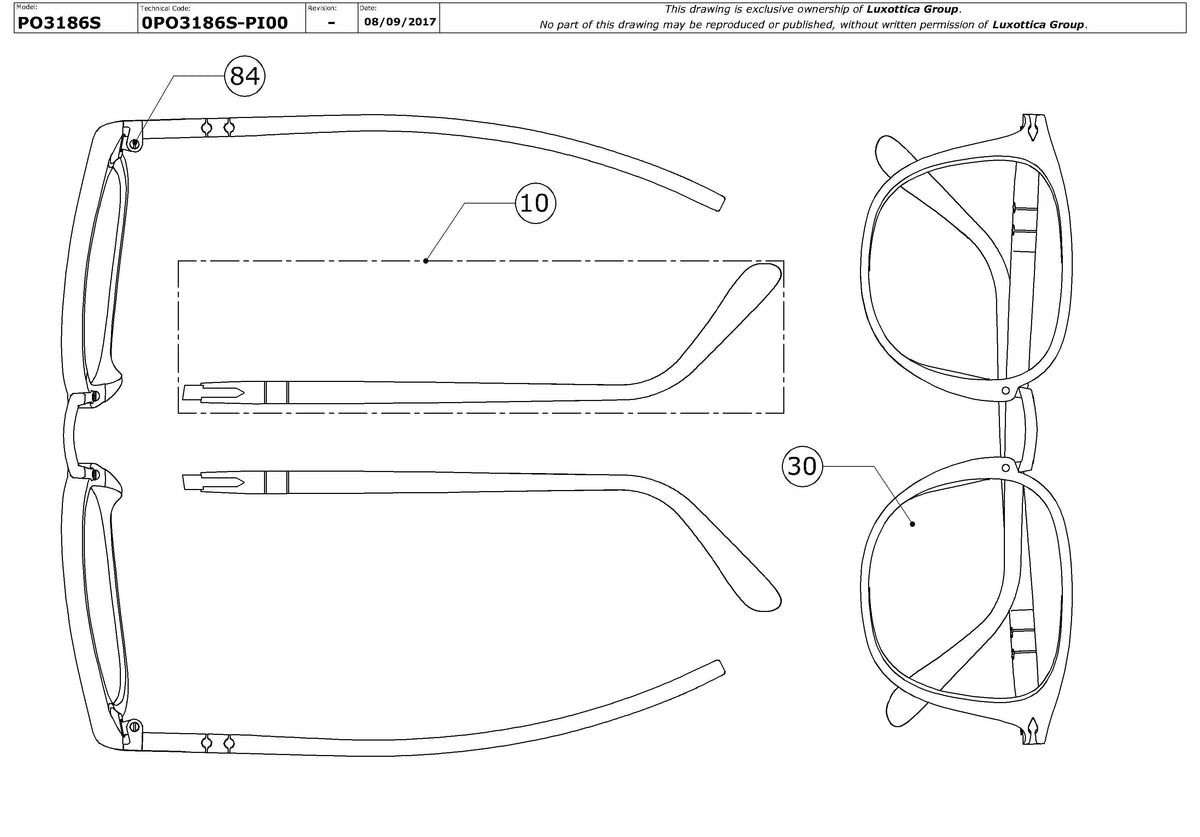 Exploded technical drawing of the Persol PO3186S Replacement Parts, with each replacement part numbered