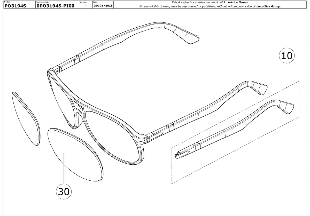 Exploded technical drawing of the Persol PO3194S Replacement Parts, with each replacement part numbered