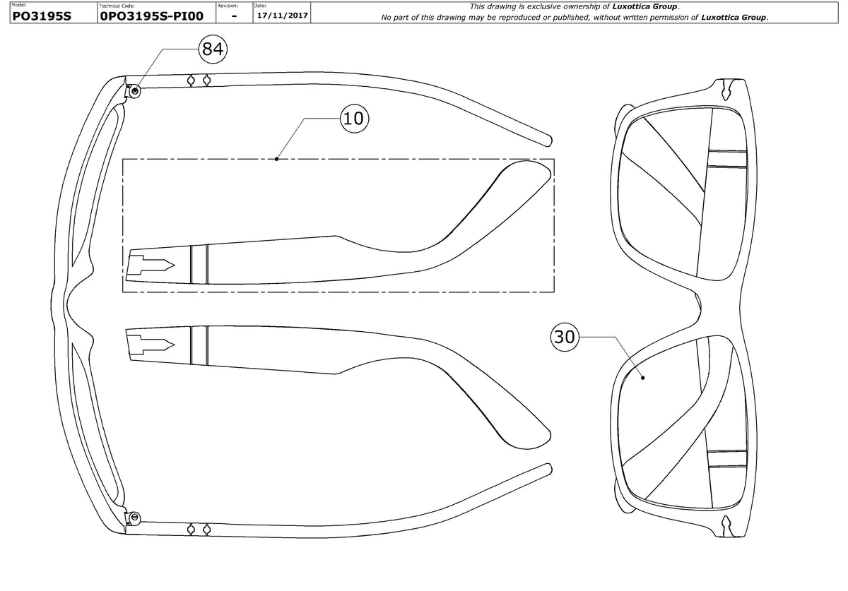 Enlarged technical drawing of the Persol PO3195S Replacement Parts