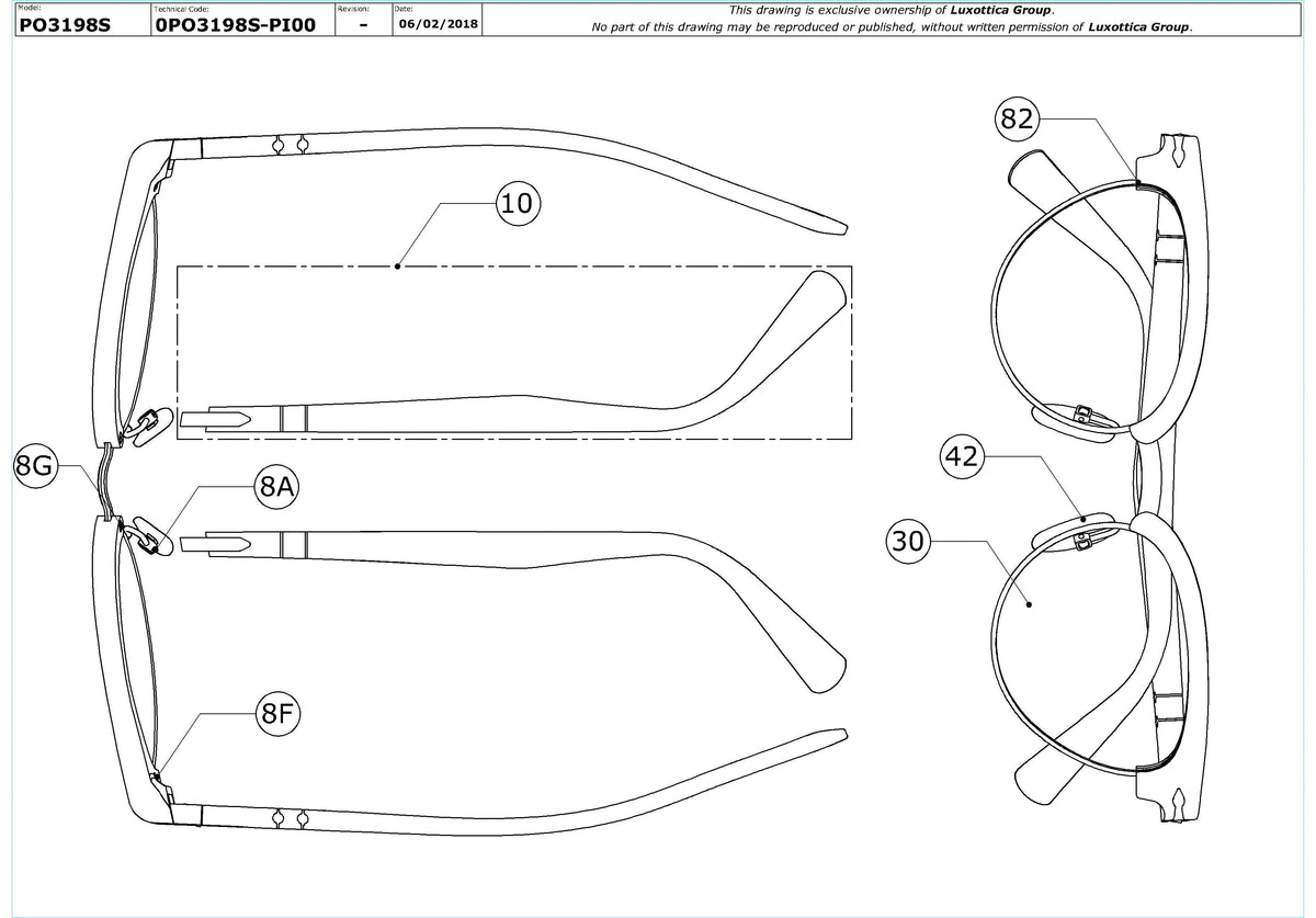Enlarged technical drawing of the Persol PO3198S Replacement Parts