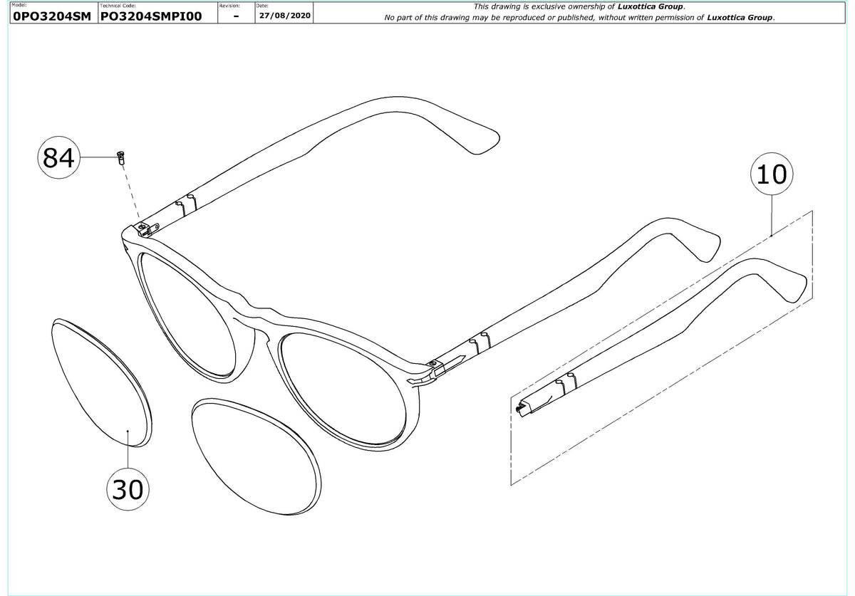 Enlarged technical drawing of the Persol PO3204SM Replacement Parts
