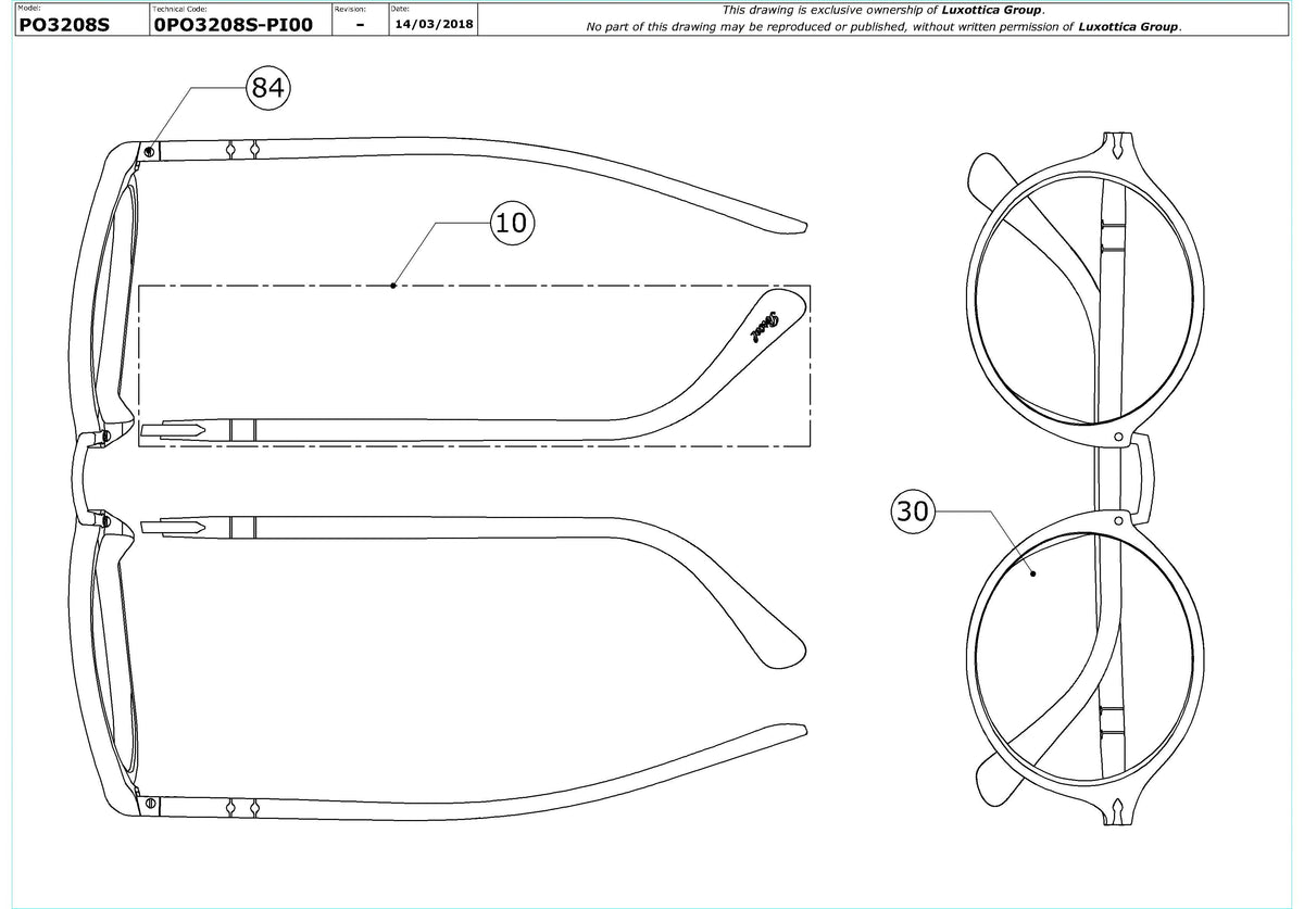 Enlarged technical drawing of the Persol PO3208S Replacement Parts