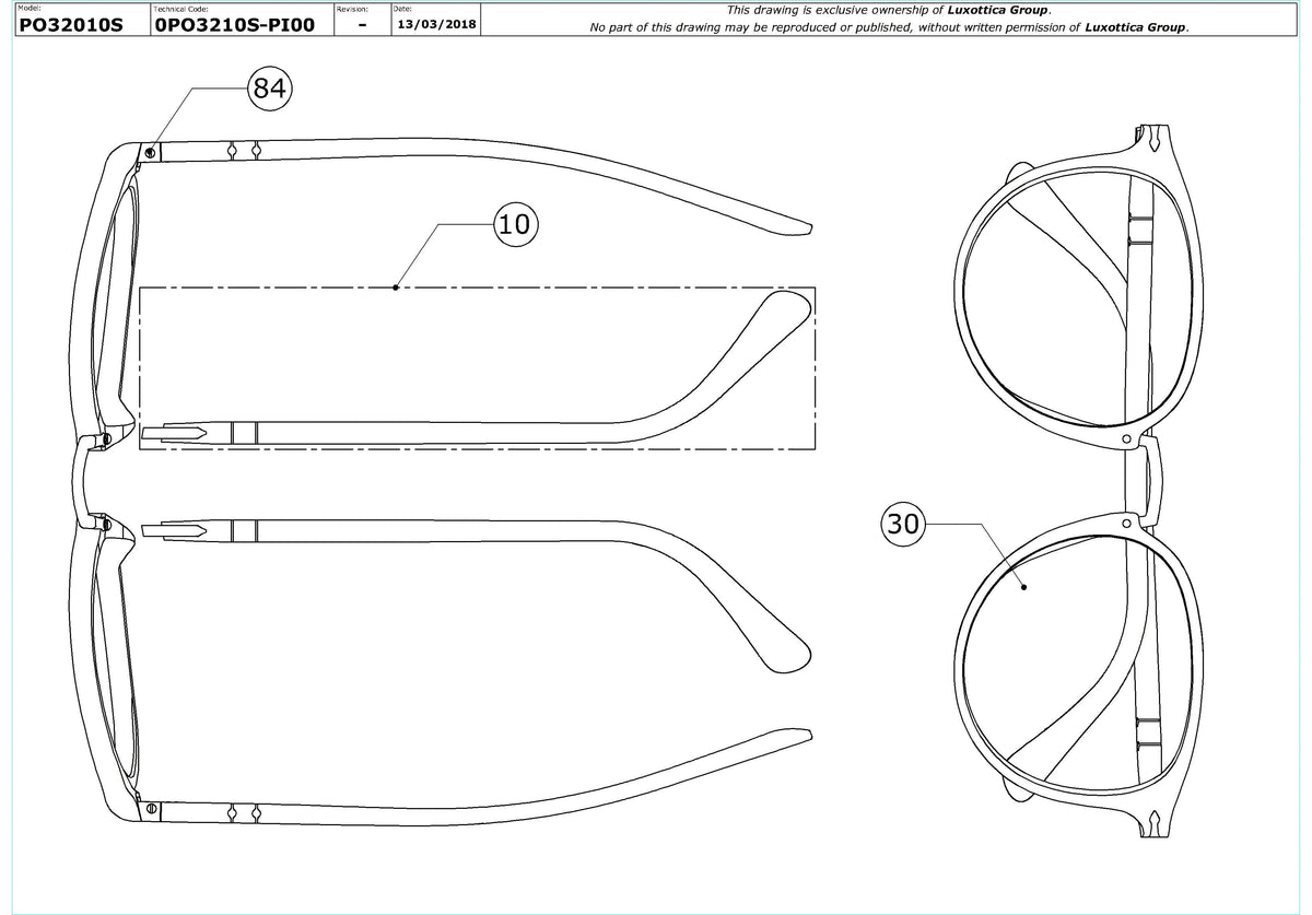 Enlarged technical drawing of the Persol PO3210S Replacement Parts