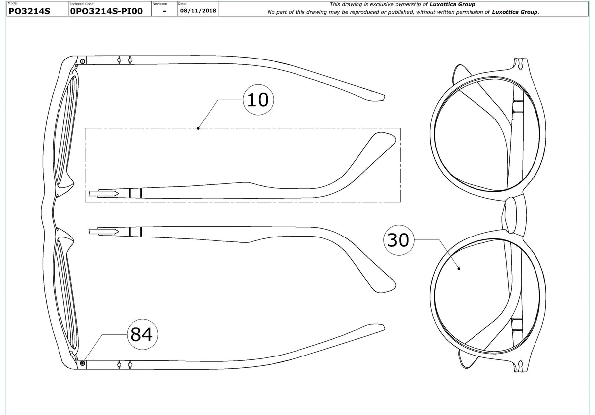 Enlarged technical drawing of the Persol PO3214S Replacement Parts