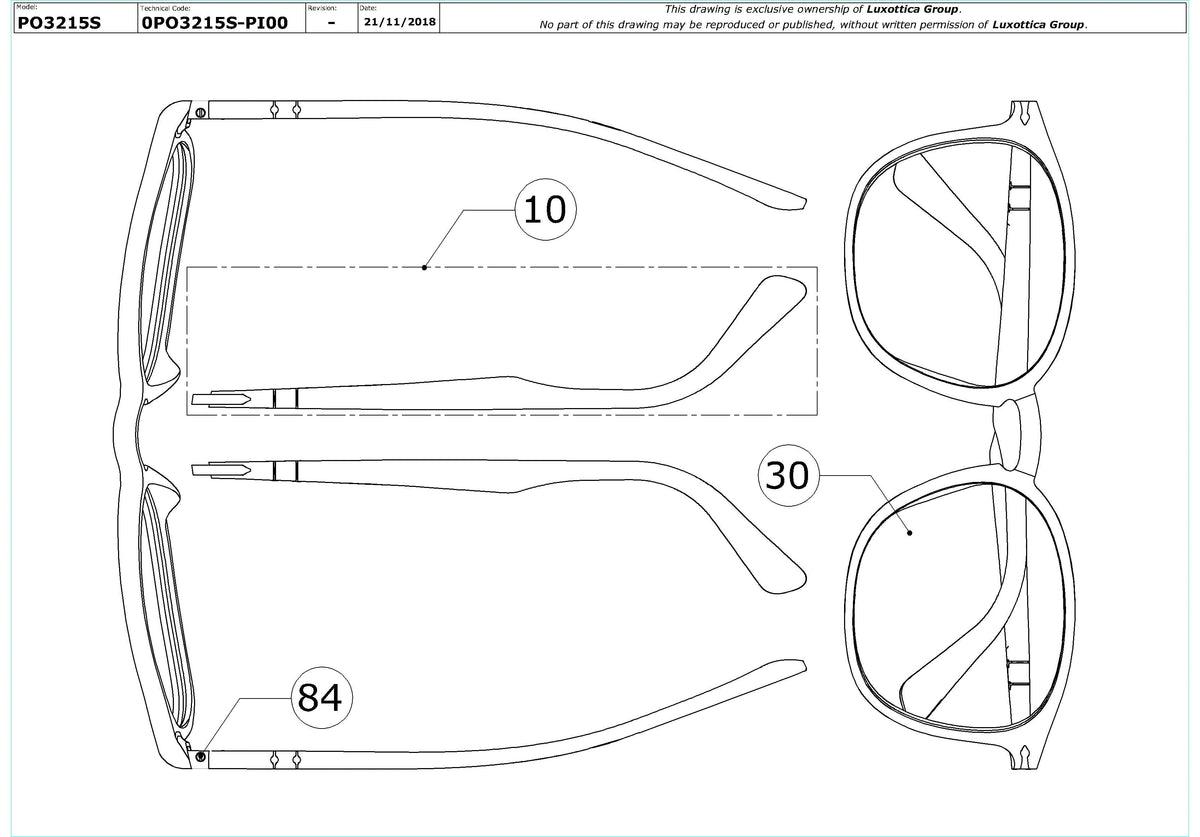 Exploded technical drawing of the Persol PO3215S Replacement Parts, with each replacement part numbered