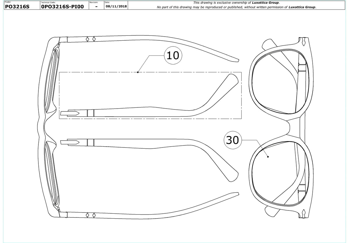 Exploded technical drawing of the Persol PO3216S Replacement Parts, with each replacement part numbered
