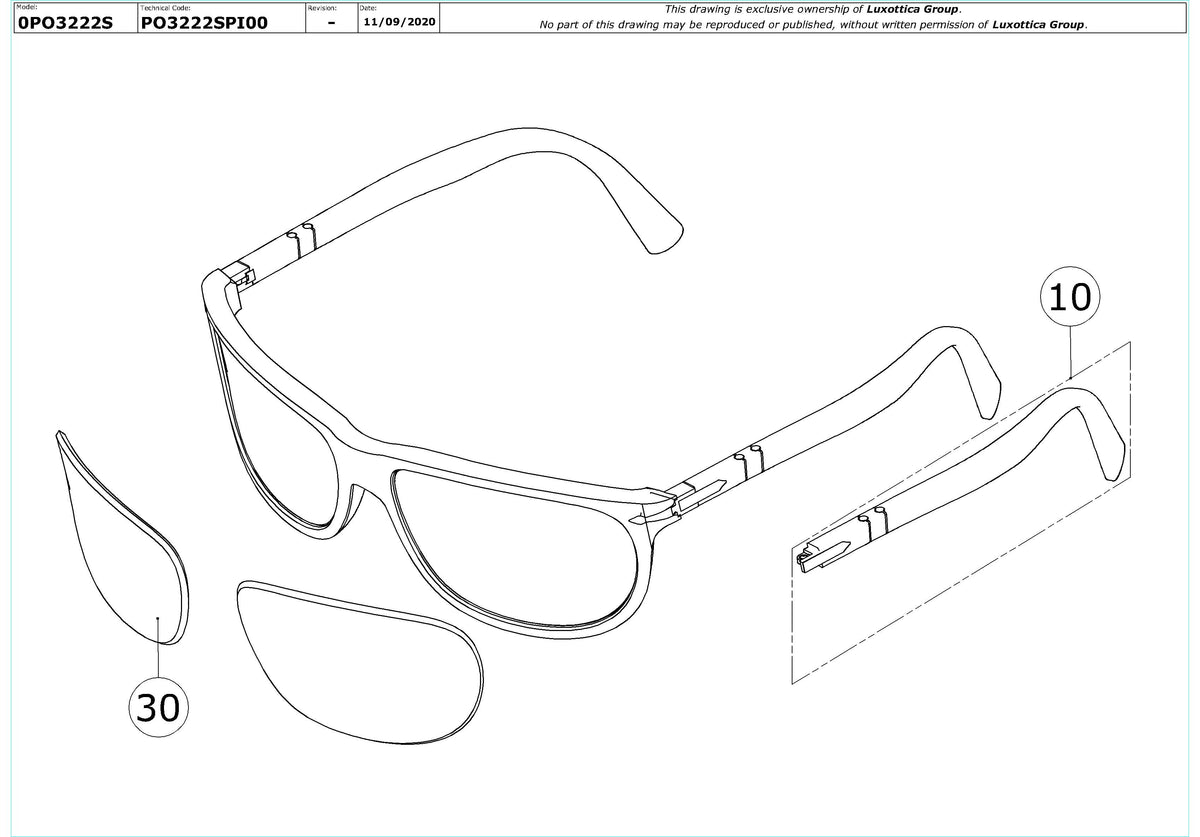 Enlarged technical drawing of the Persol PO3222S Replacement Parts