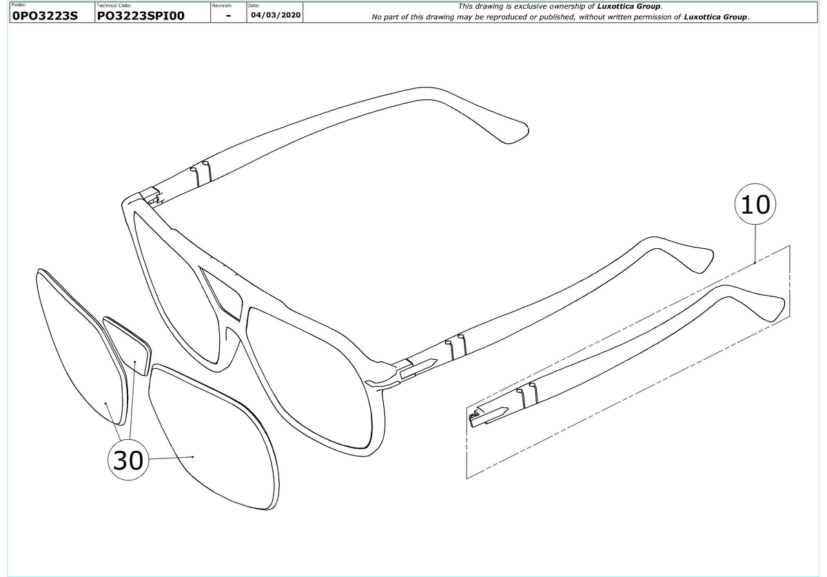 Exploded technical drawing of the Persol PO3223S Replacement Parts, with each replacement part numbered