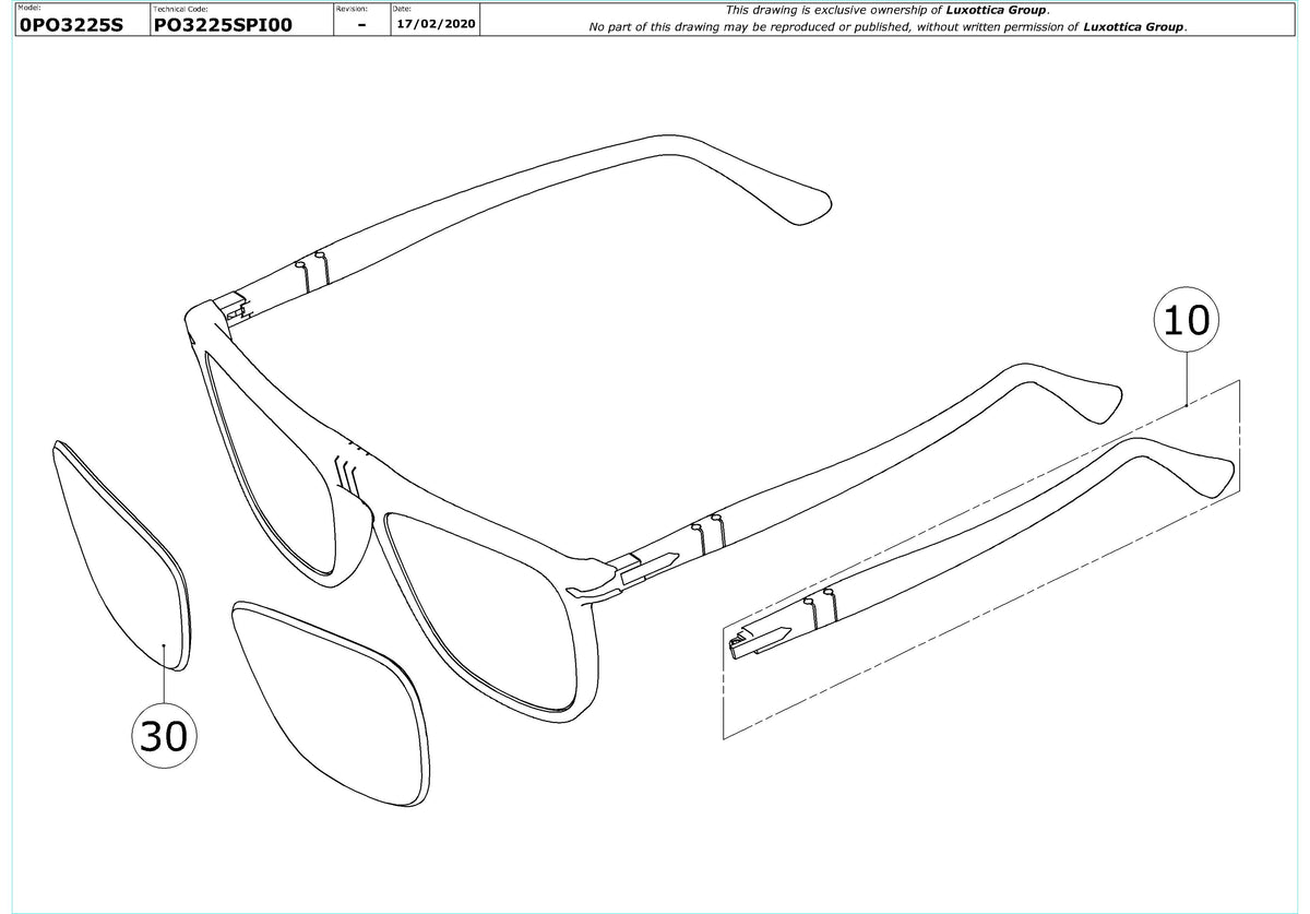Exploded technical drawing of the Persol PO3225S Replacement Parts, with each replacement part numbered