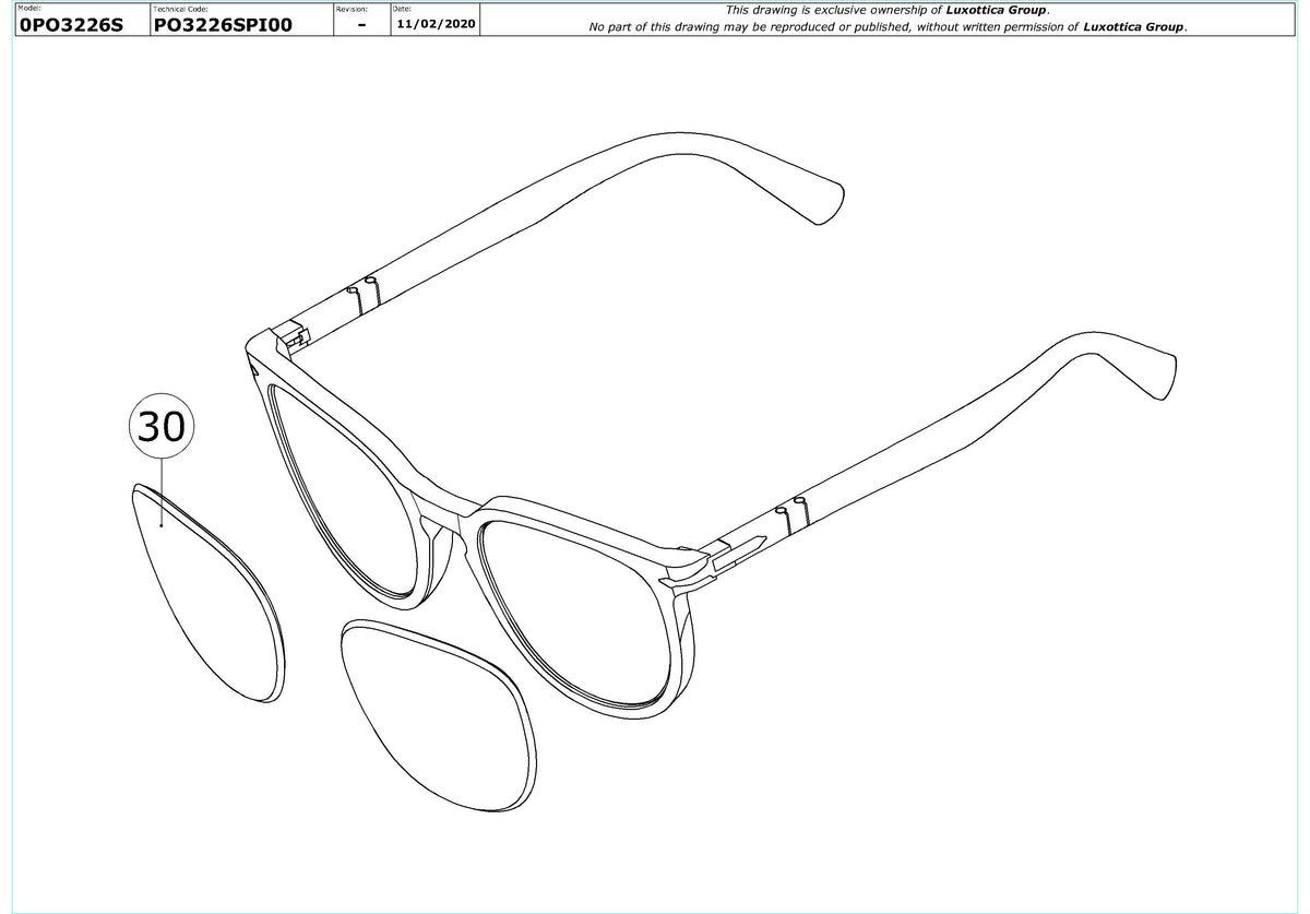 Exploded technical drawing of the Persol PO3226S Replacement Parts, with each replacement part numbered