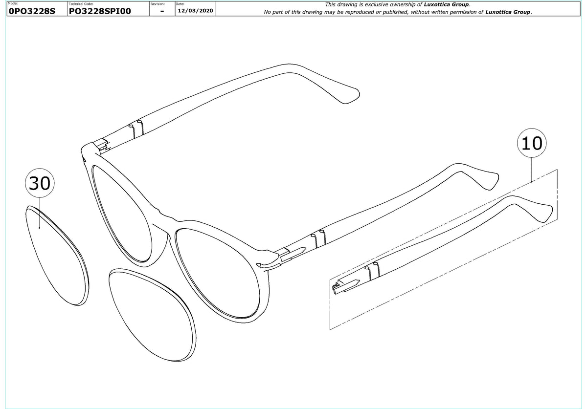 Exploded technical drawing of the Persol PO3228S Replacement Parts, with each replacement part numbered