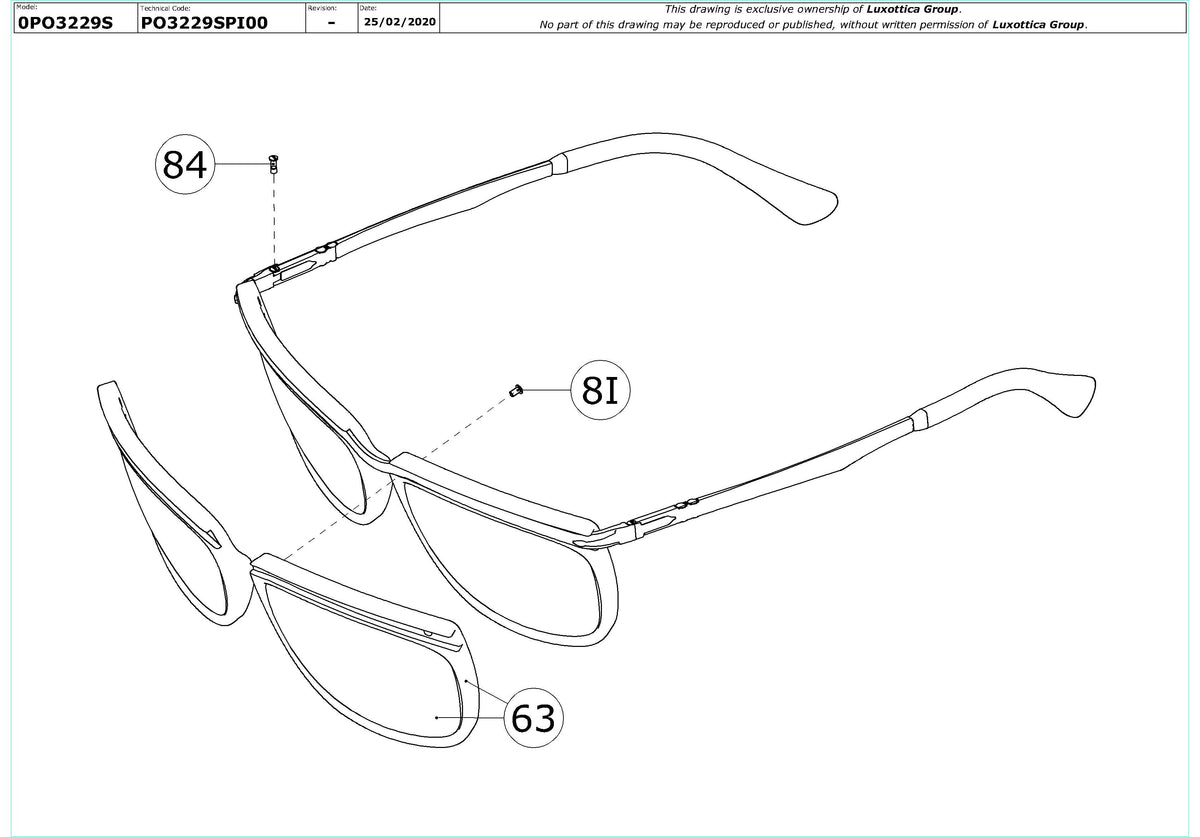 Exploded technical drawing of the Persol PO3229S Replacement Parts, with each replacement part numbered