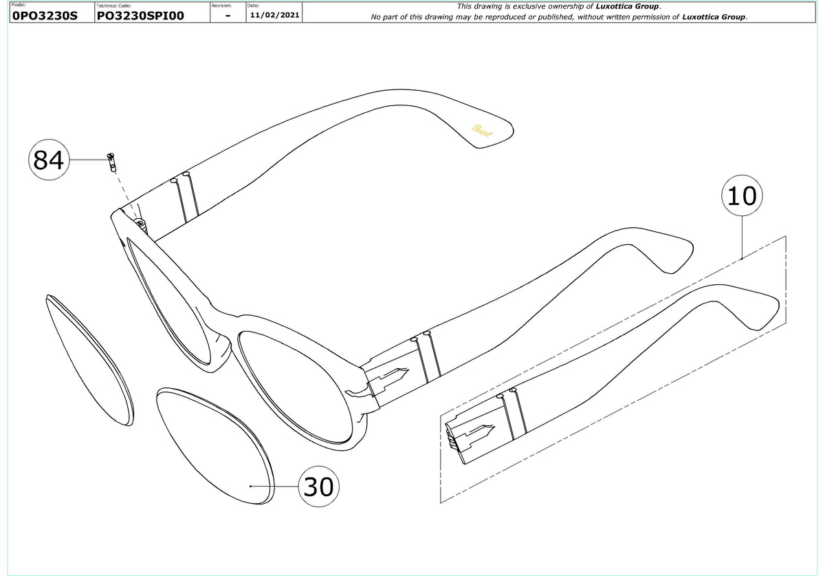 Exploded technical drawing of the Persol PO3230S Replacement Parts, with each replacement part numbered