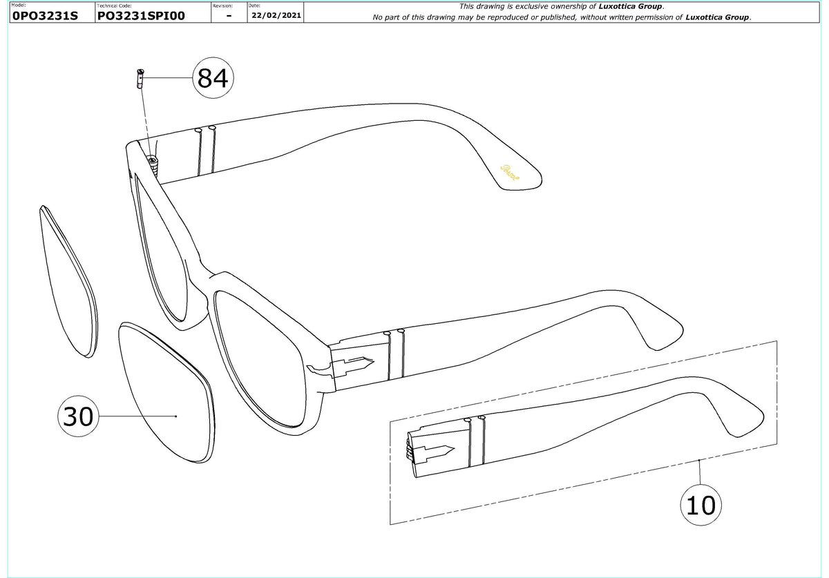 Enlarged technical drawing of the Persol PO3231S Replacement Parts