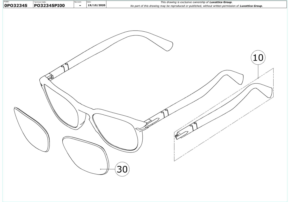Enlarged technical drawing of the Persol PO3234S Replacement Parts