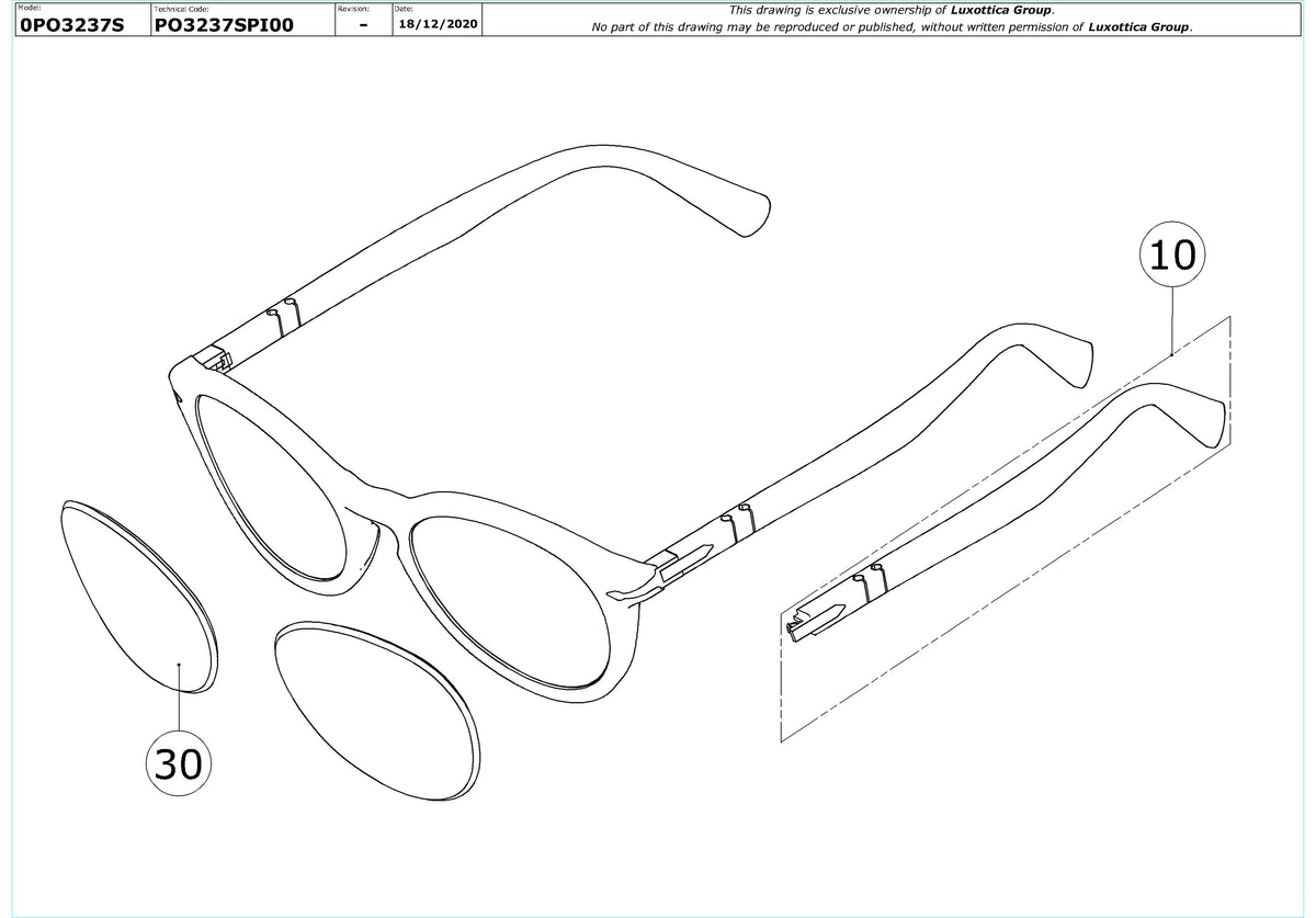 Enlarged technical drawing of the Persol PO3237S Replacement Parts