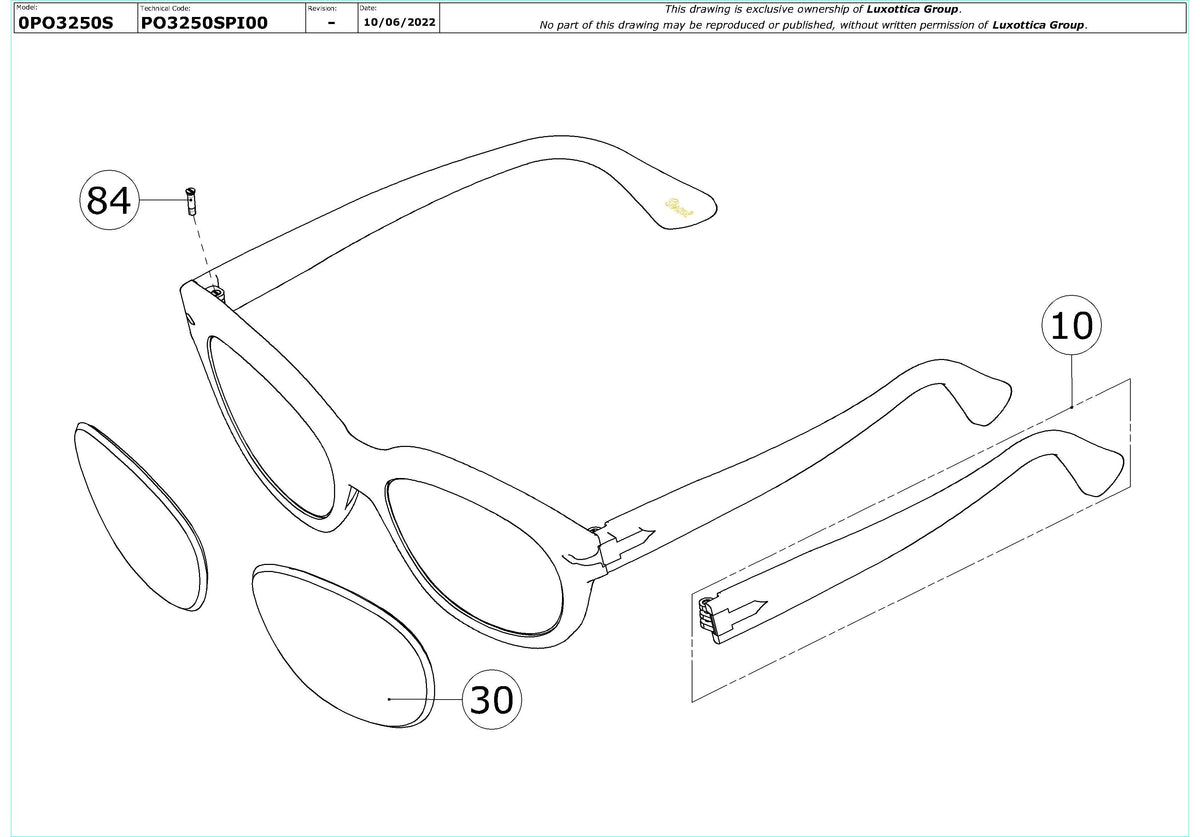 Enlarged technical drawing of the Persol PO3250S Replacement Parts
