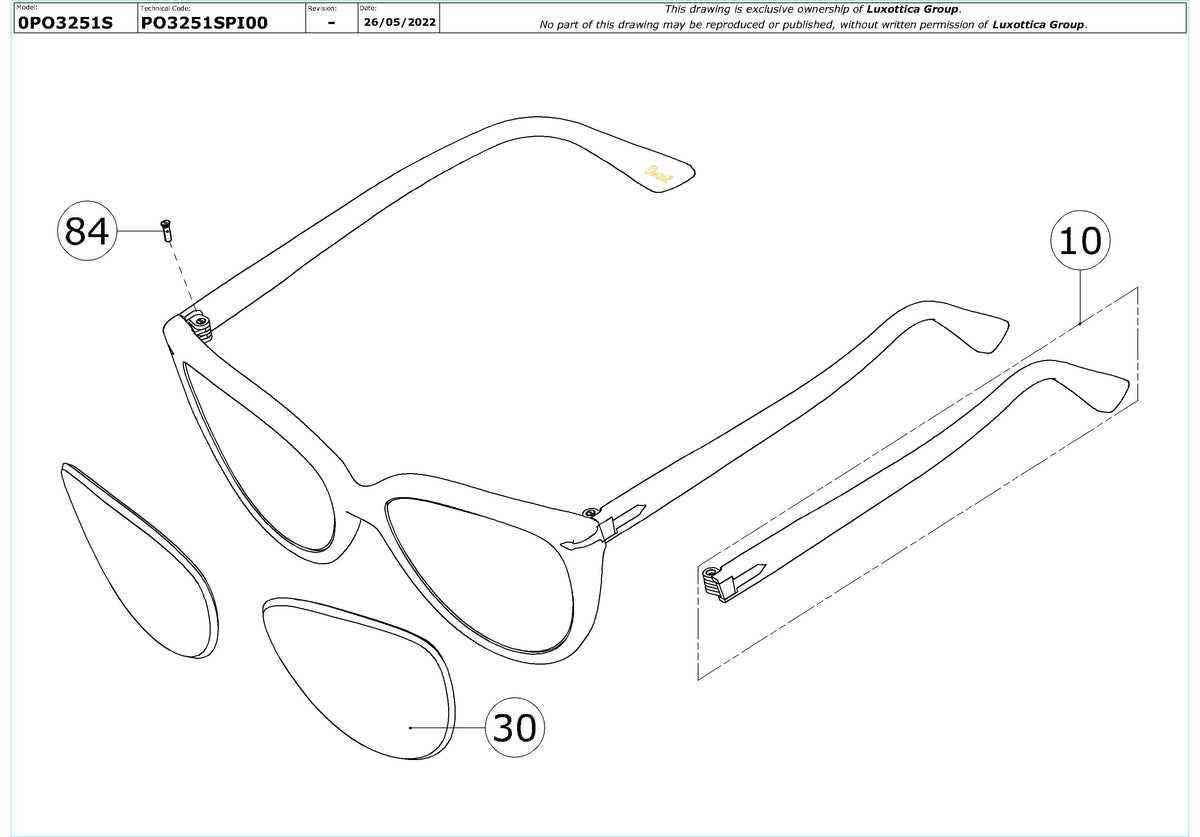 Enlarged technical drawing of the Persol PO3251S Replacement Parts