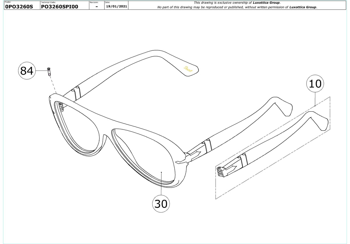 Enlarged technical drawing of the Persol PO3260S Replacement Parts