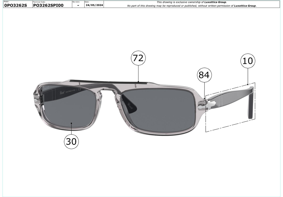 Enlarged technical drawing of the Persol PO3262S Replacement Parts