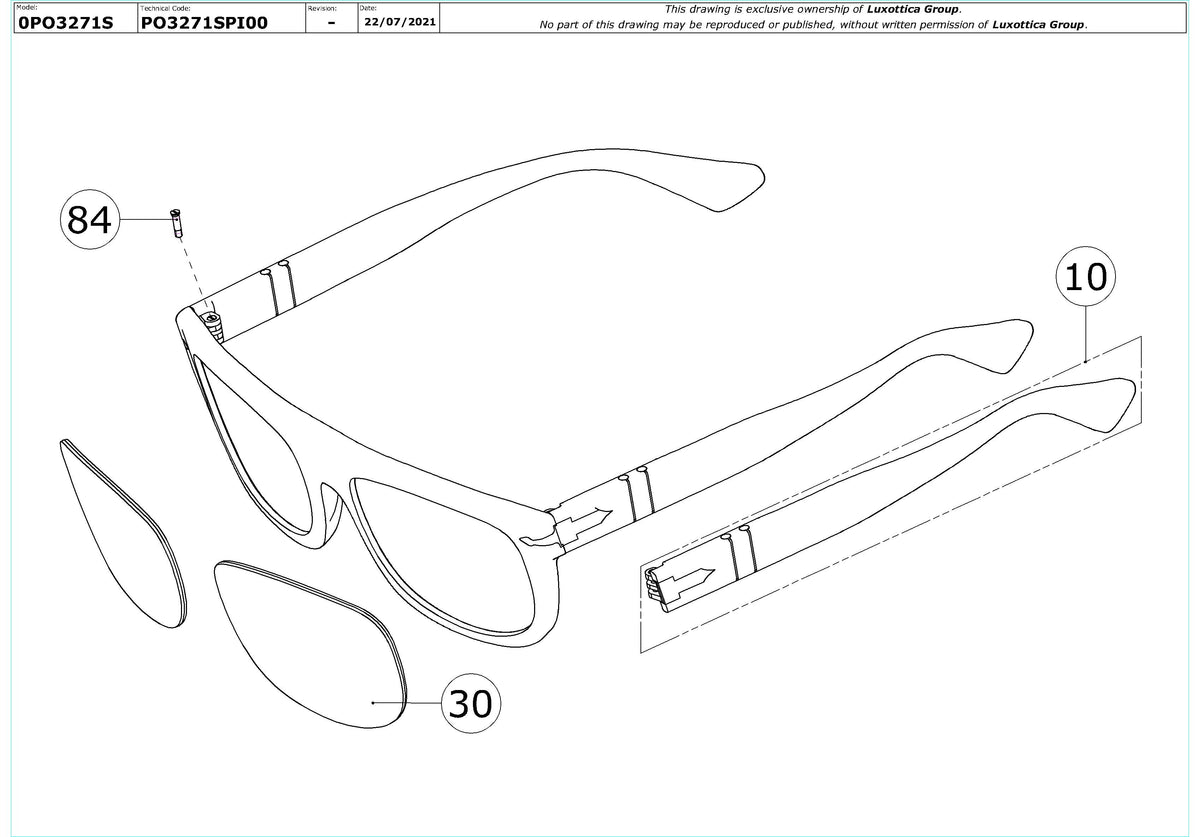Exploded technical drawing of the Persol PO3271S Replacement Parts, with each replacement part numbered