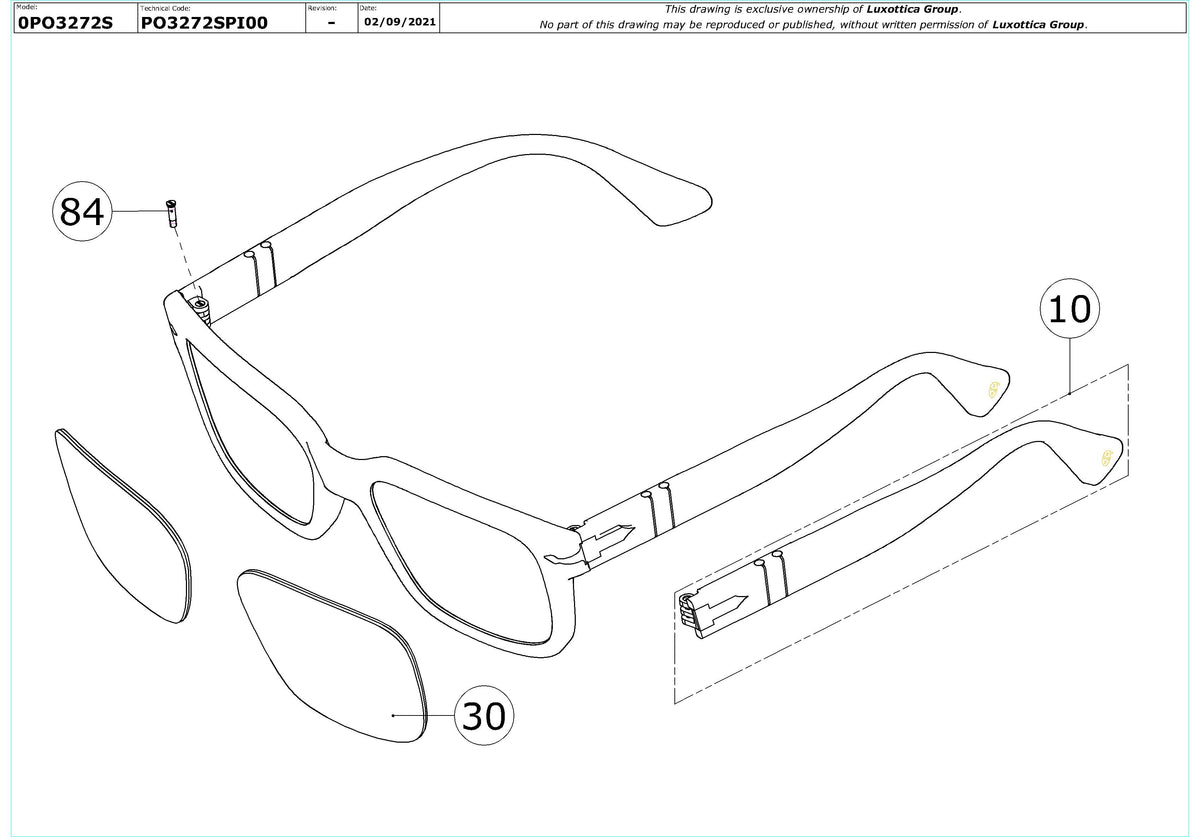 Enlarged technical drawing of the Persol PO3272S Replacement Parts