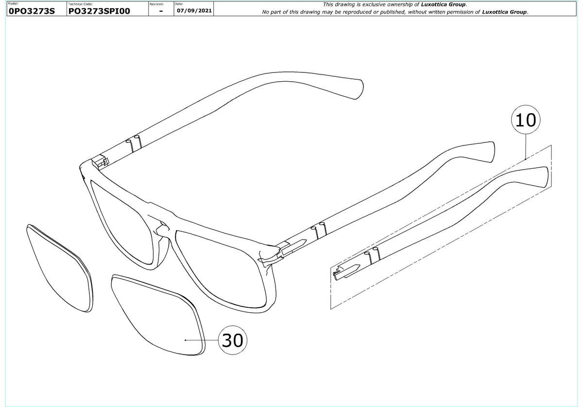 Enlarged technical drawing of the Persol PO3273S Replacement Parts