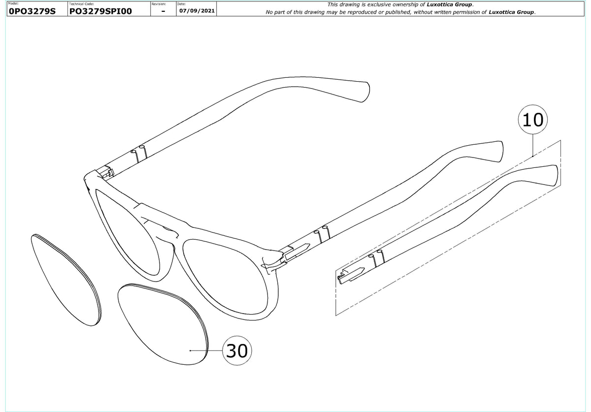 Exploded technical drawing of the Persol PO3279S Replacement Parts, with each replacement part numbered