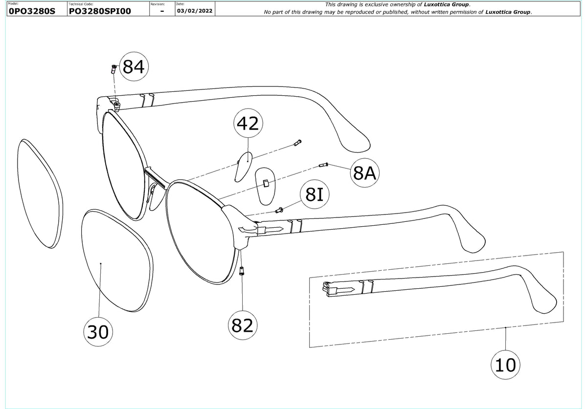 Enlarged technical drawing of the Persol PO3280S Replacement Parts