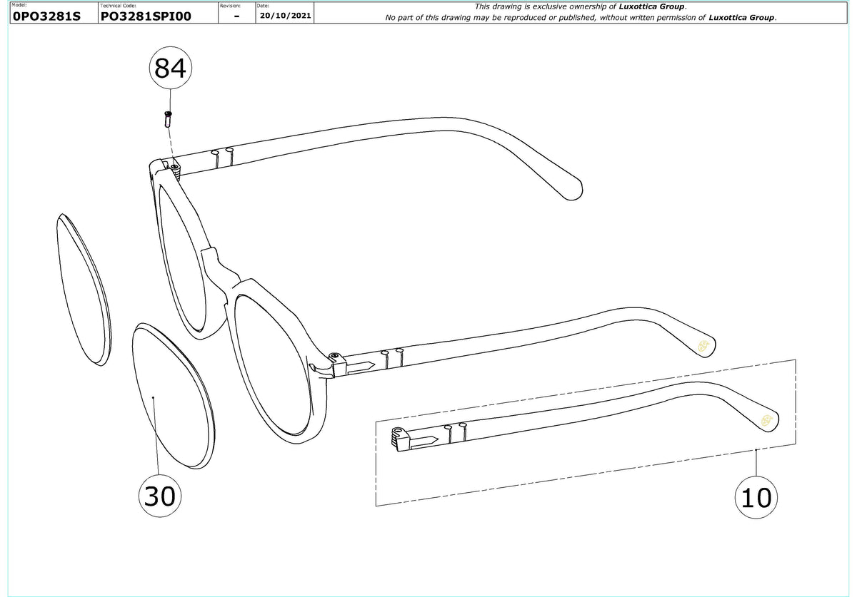 Enlarged technical drawing of the Persol PO3281S Replacement Parts