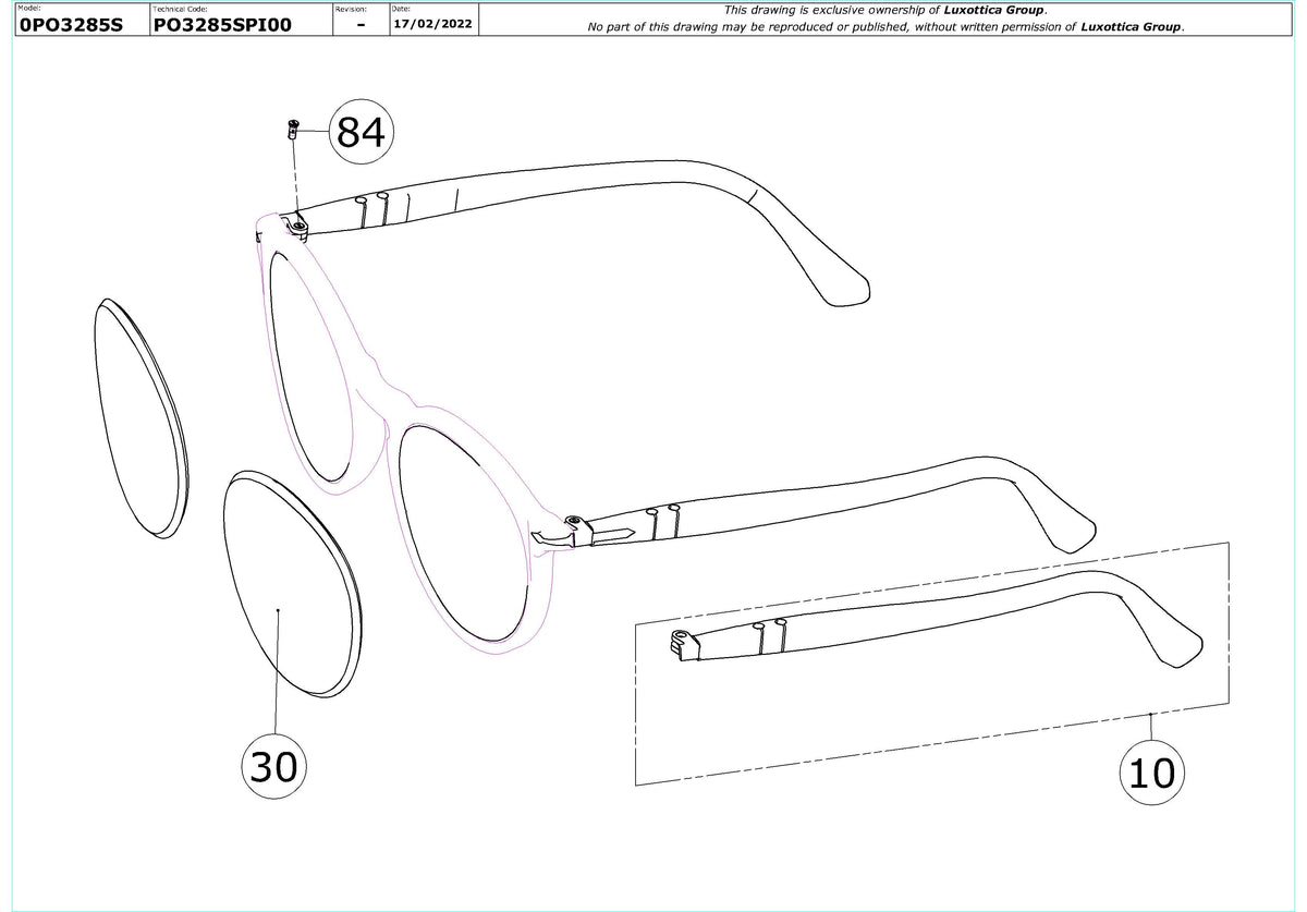 Enlarged technical drawing of the Persol PO3285S Replacement Parts