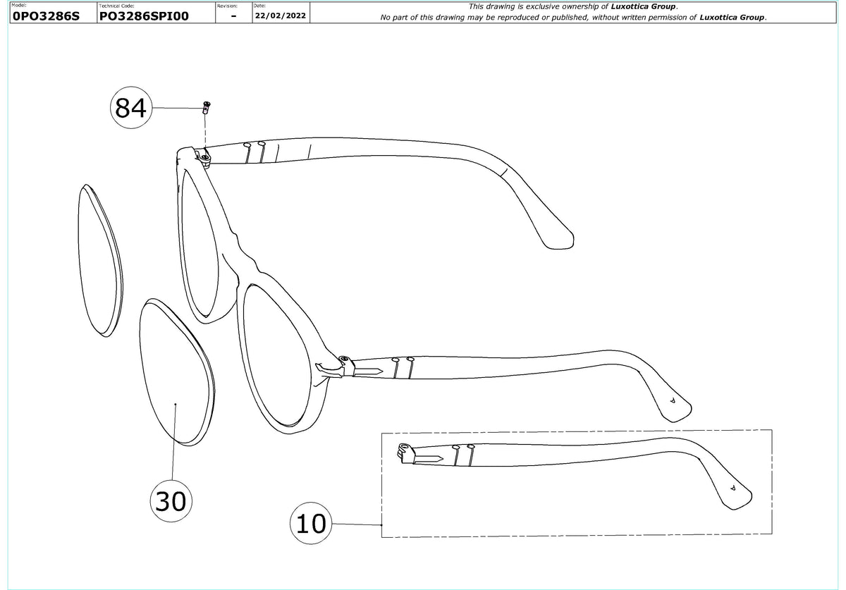 Enlarged technical drawing of the Persol PO3286S Replacement Parts