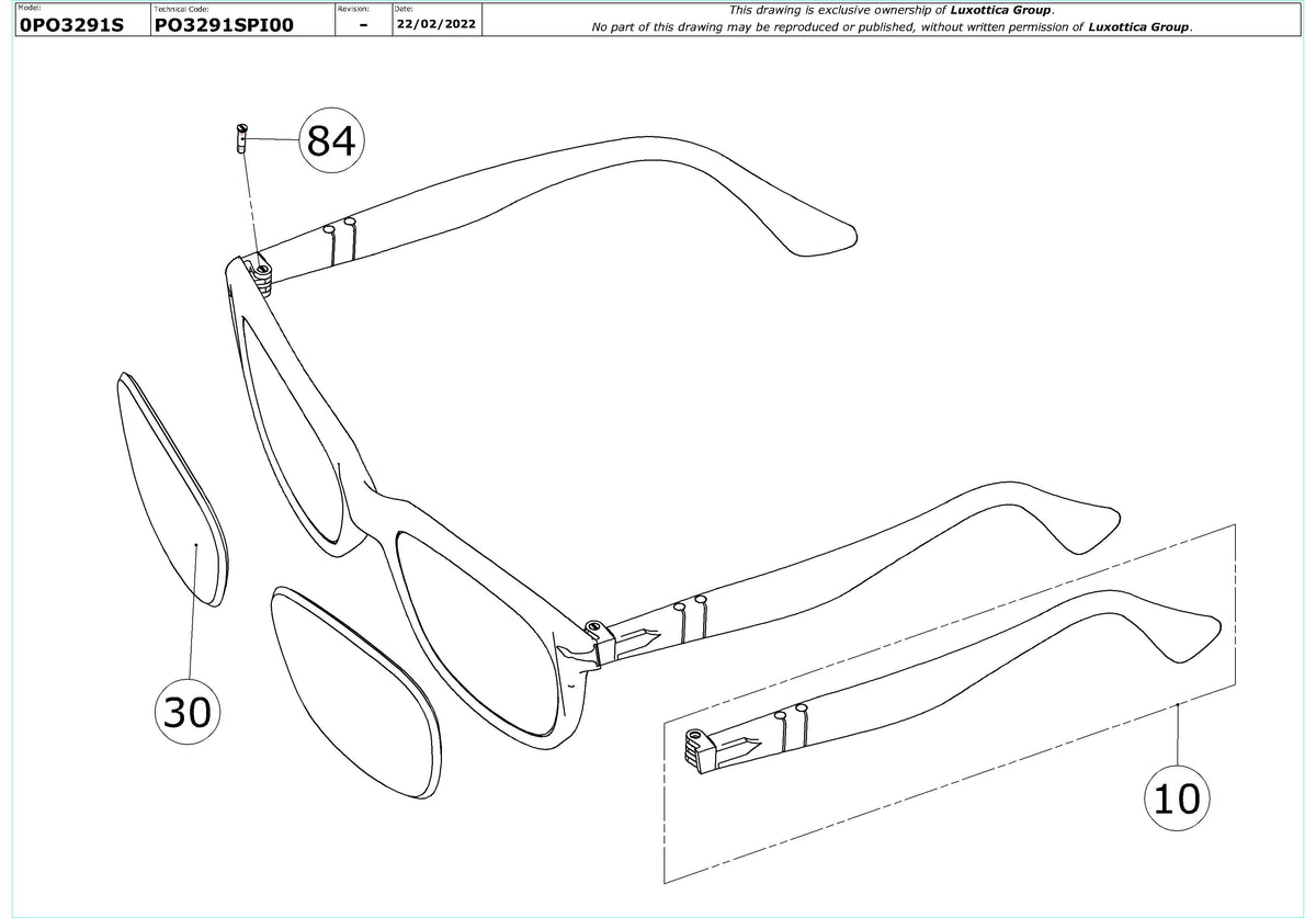 Enlarged technical drawing of the Persol PO3291S Replacement Parts