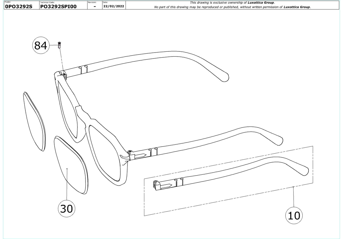 Exploded technical drawing of the Persol PO3292S Replacement Parts, with each replacement part numbered